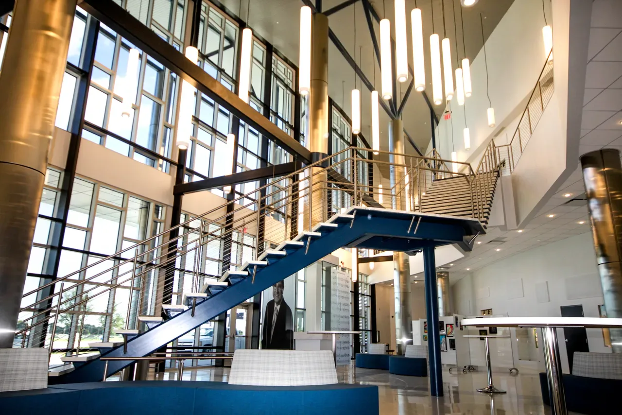 Grand lobby and staircase interior of the Dr. Rodney R. Lafon Performing Arts Center, St. Charles Parish, Louisiana