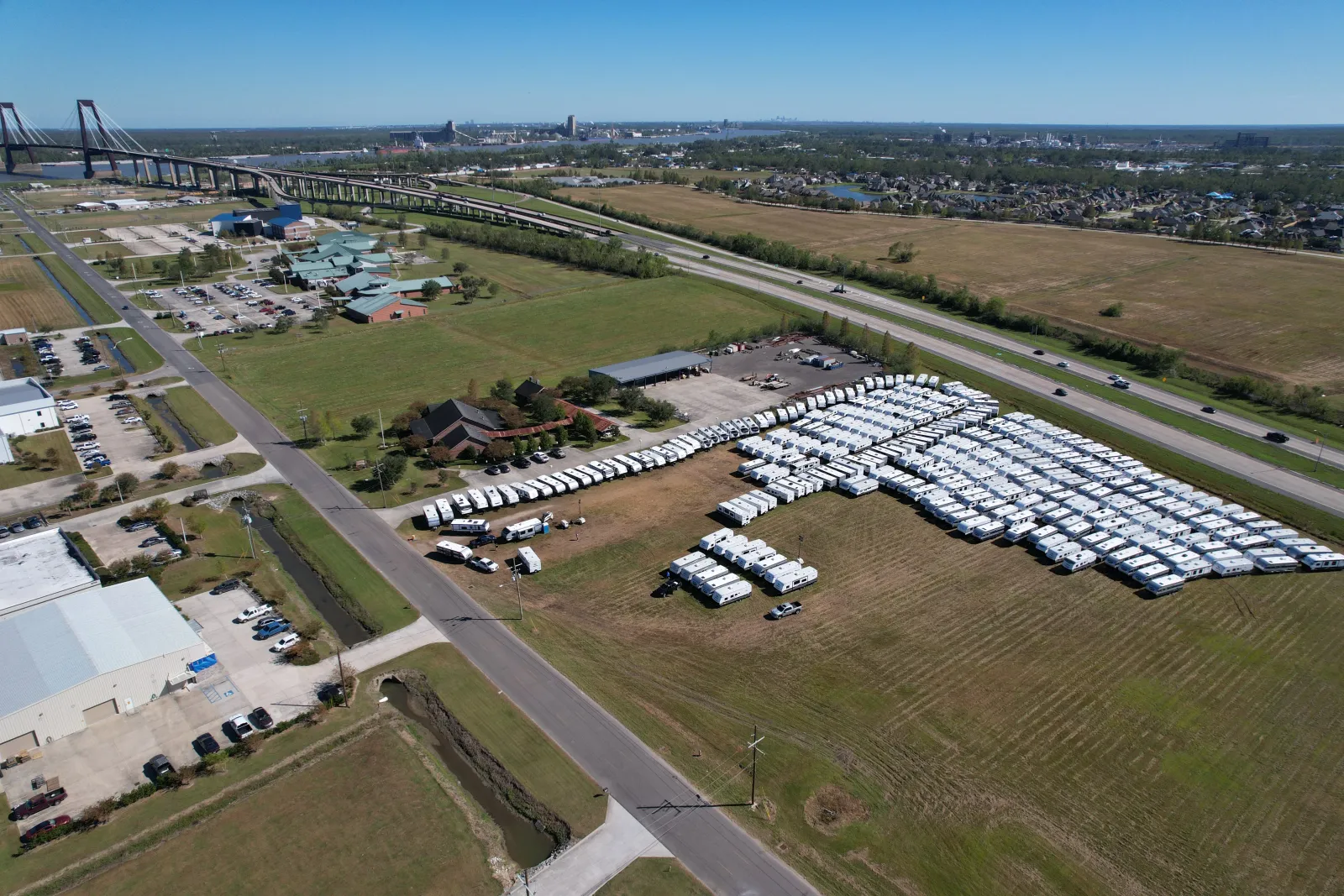 Aerial view of travel trailers staged for Lamar housing support programs