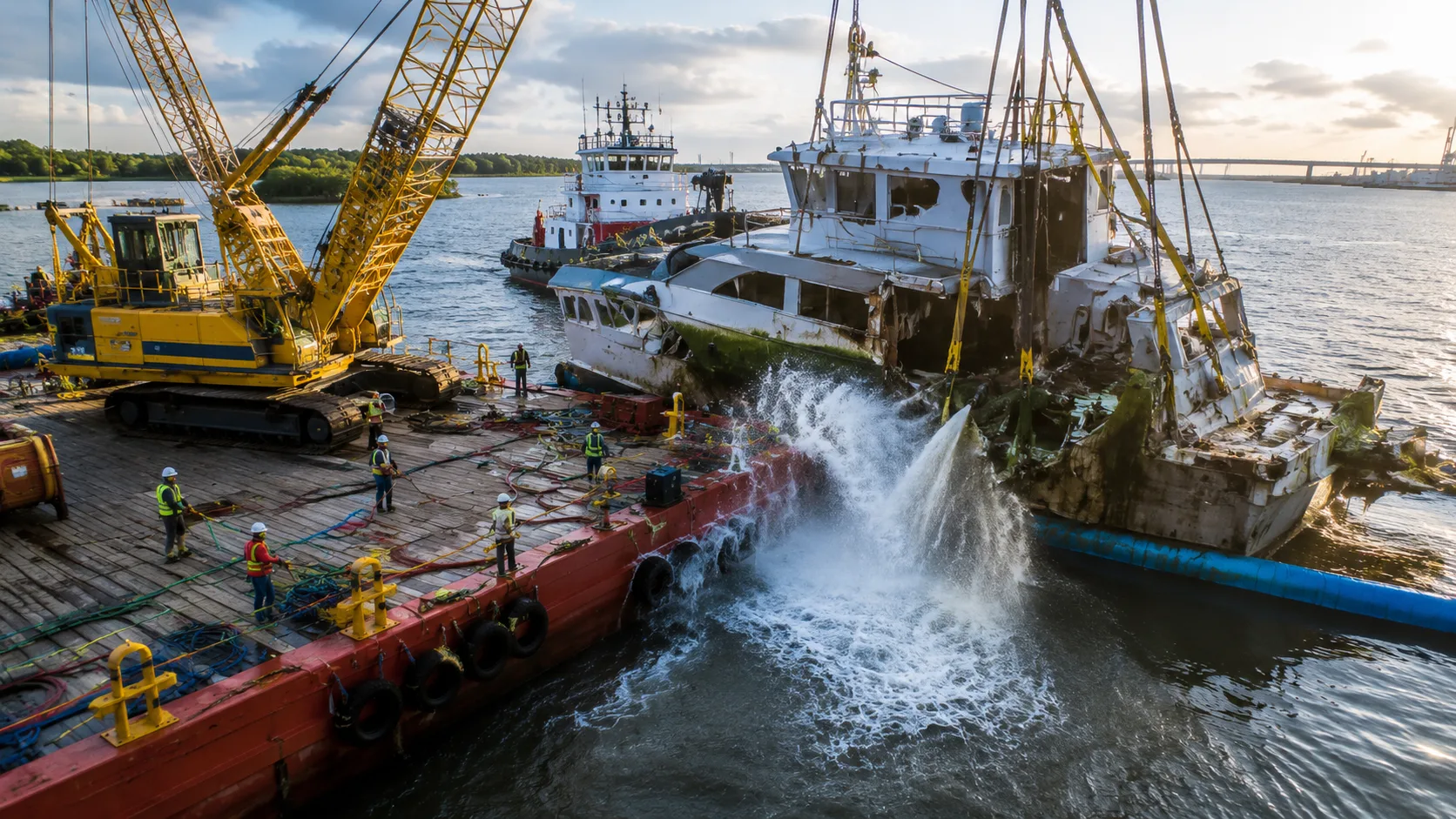 Crane barge recovering a sunken vessel for Lamar waterway recovery and remediation